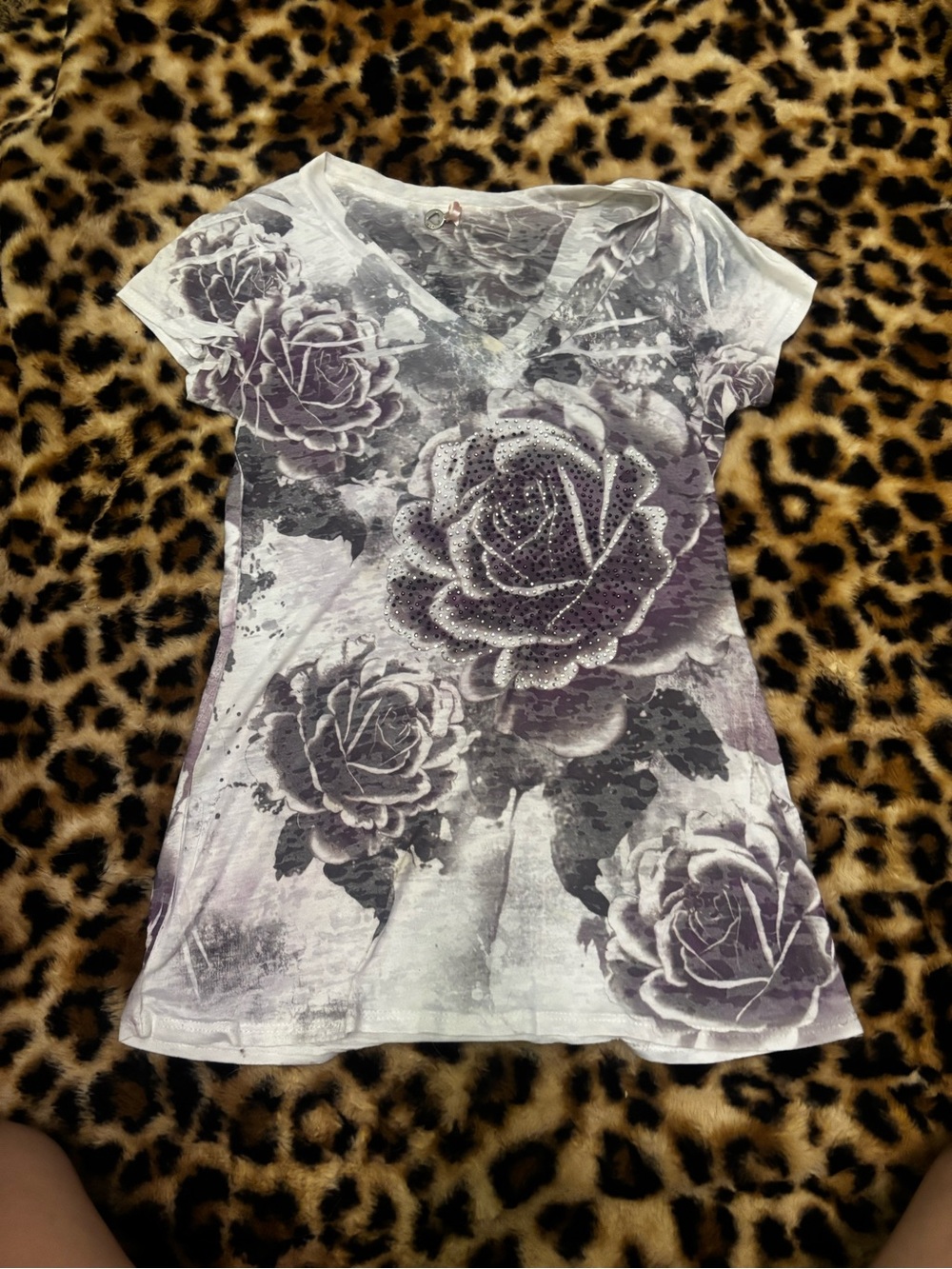 Y2K Grunge Rhinestone Floral White Black Purple Sheer V-Neck Top
